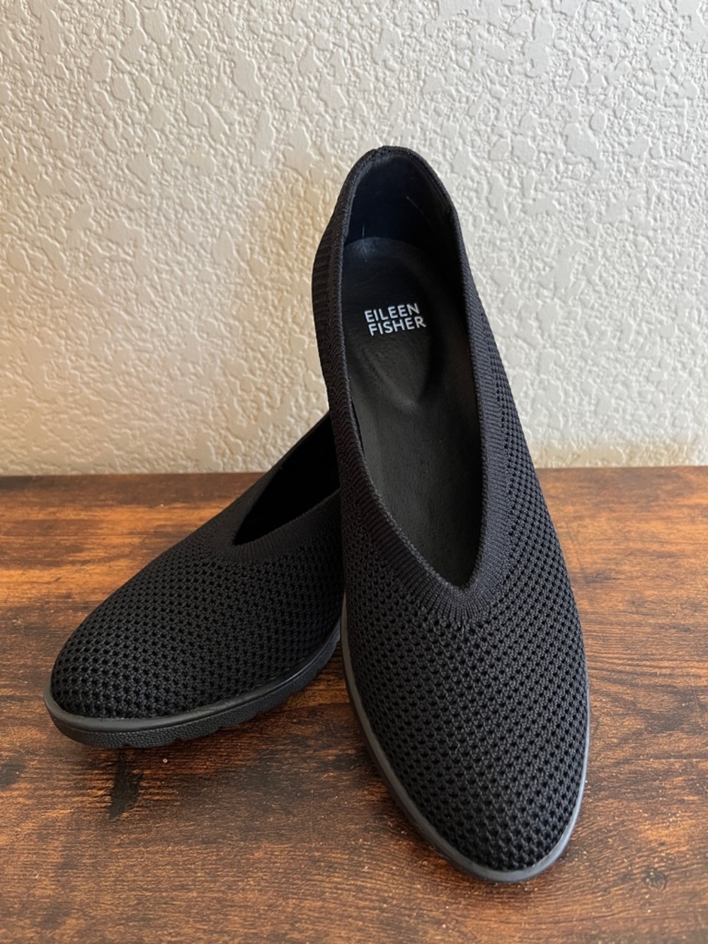Eileen Fisher Heaven Stretch Knit Wedge Mesh Shoes Ballet Flats Black Size 7